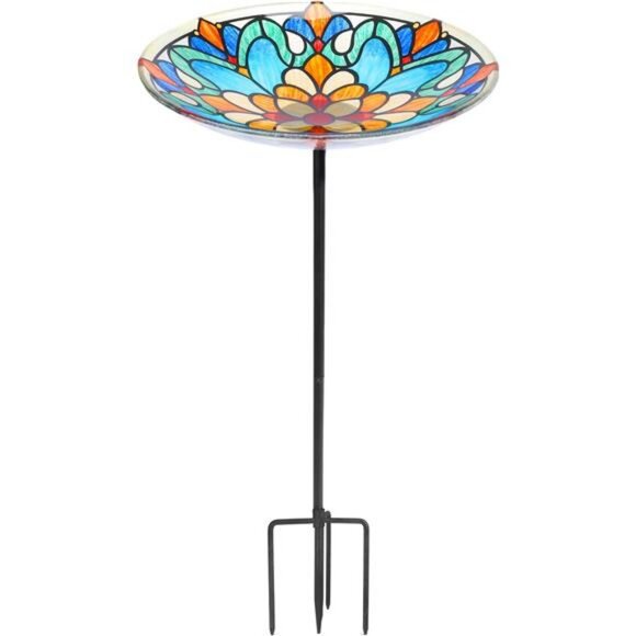 Bird Baths for Outdoors, Glass Birdbath Birdfeeder Bowl with Metal Stake - Picture 1 of 7